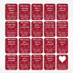Coleção de cartões Deep Love vermelhos com corações e desafios para casais.