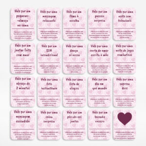 Coleção de cartões Love Spell rosa com padrão de corações e desafios românticos para casais.