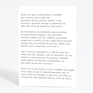 Página introdutória do livro Pai, conta-me a tua história, com uma mensagem dedicada às memórias do pai.