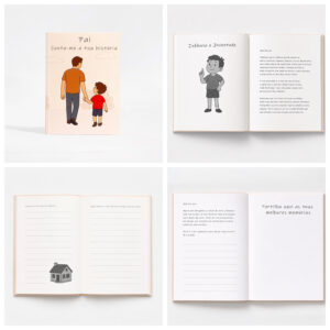 Composição com a capa e várias páginas interiores do livro Pai, conta-me a tua história.