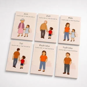 Seis livros Conta-me a tua história dedicados à avó, avô, mãe, pai, madrinha e padrinho.