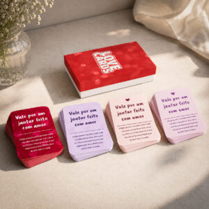 Caixa Love Cards acompanhada por quatro conjuntos de cartões para casais em diferentes cores.
