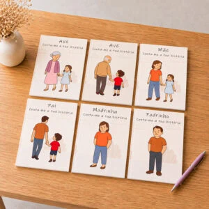 Conjunto de livros de histórias personalizados para família, dispostos sobre uma mesa de madeira.