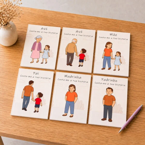 Conjunto de livros de histórias personalizados para família, dispostos sobre uma mesa de madeira.